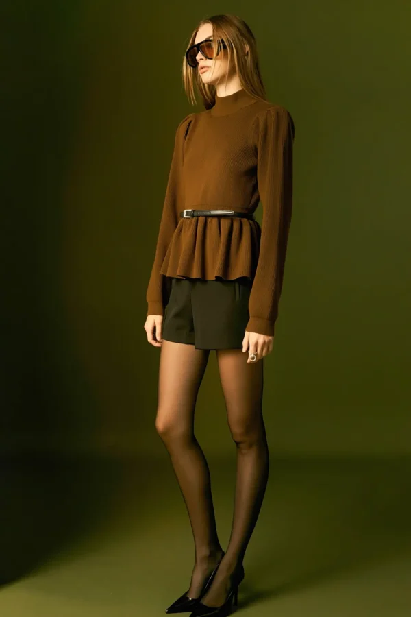 ENGLISH FACTORY Tops*- Peplum Waist Knit Top BROWN
