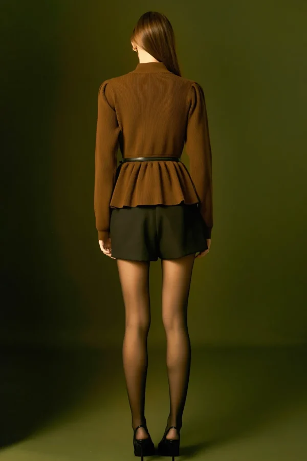 ENGLISH FACTORY Tops*- Peplum Waist Knit Top BROWN