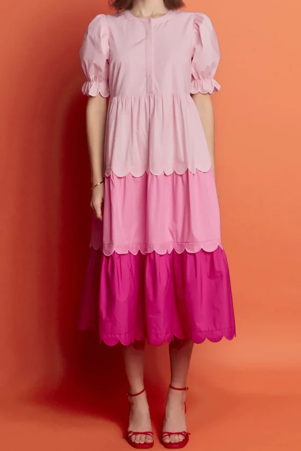 ENGLISH FACTORY Puff Sleeve | Tops*- Pink Colorblock Scallop Dress PINKMULTI