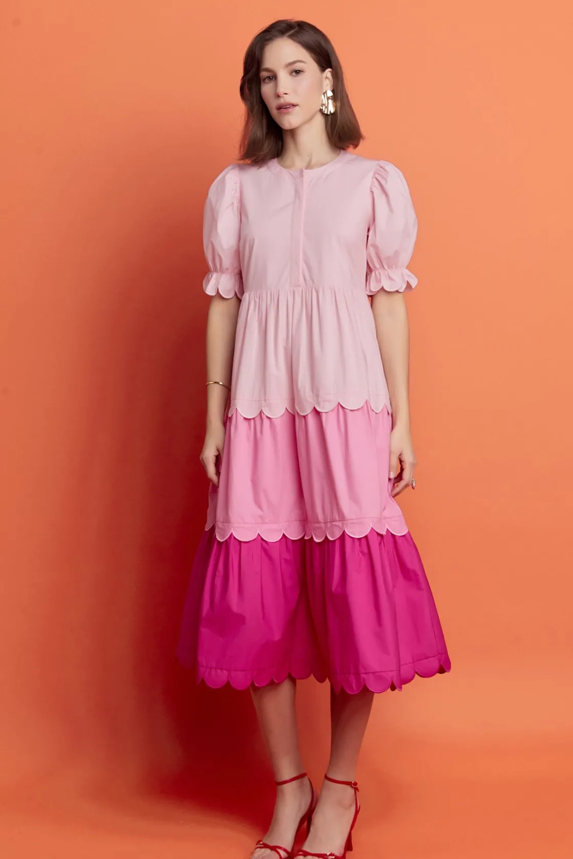 english_factory__pink_col_1-1.webp ENGLISH FACTORY Puff Sleeve | Tops*- Pink Colorblock Scallop Dress PINKMULTI