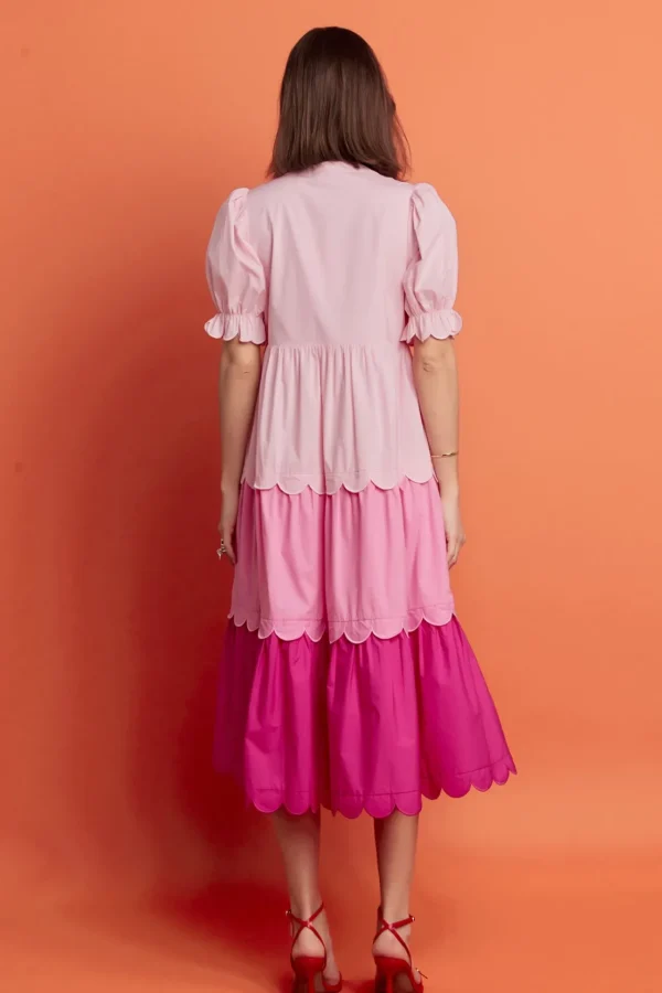 ENGLISH FACTORY Puff Sleeve | Tops*- Pink Colorblock Scallop Dress PINKMULTI