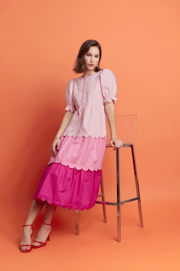 ENGLISH FACTORY Puff Sleeve | Tops*- Pink Colorblock Scallop Dress PINKMULTI