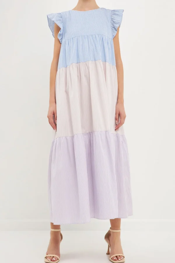 ENGLISH FACTORY Tops*- Pinstriped Blocked Ruffled Maxi Dress MULTI
