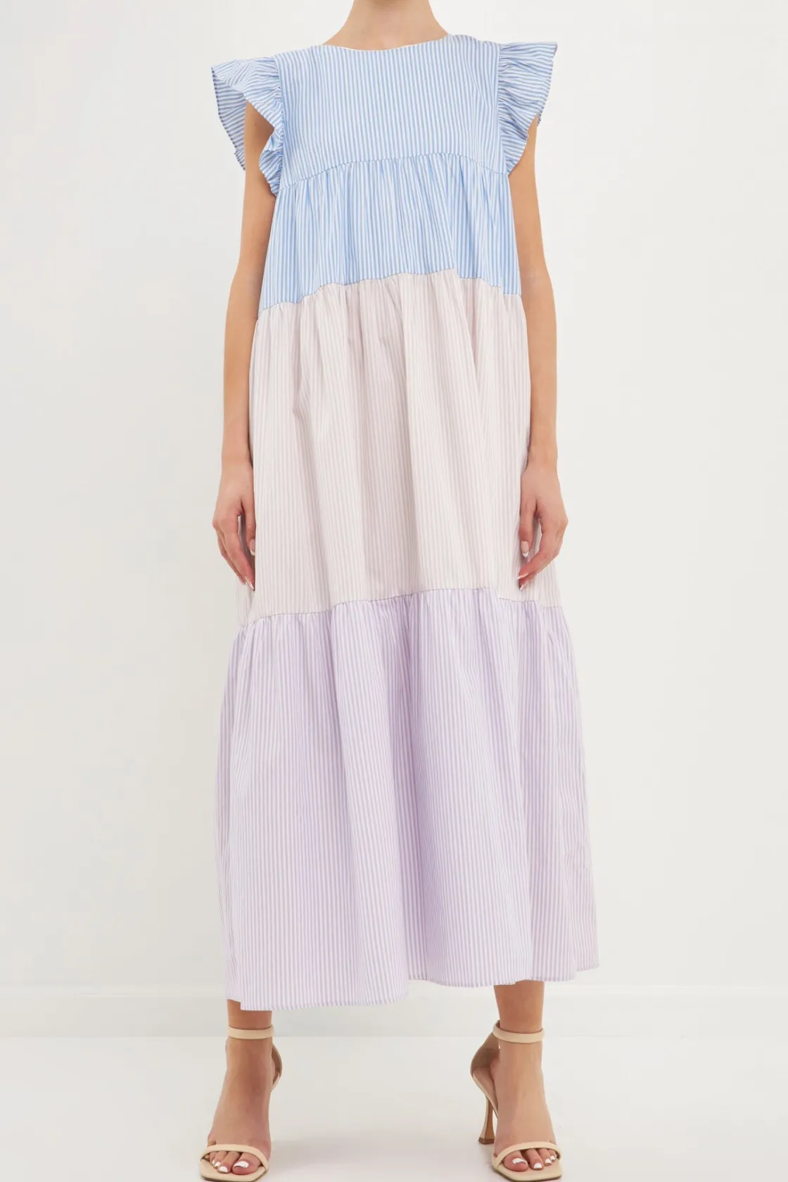 english_factory__pinstrip_0.webp ENGLISH FACTORY Tops*- Pinstriped Blocked Ruffled Maxi Dress MULTI
