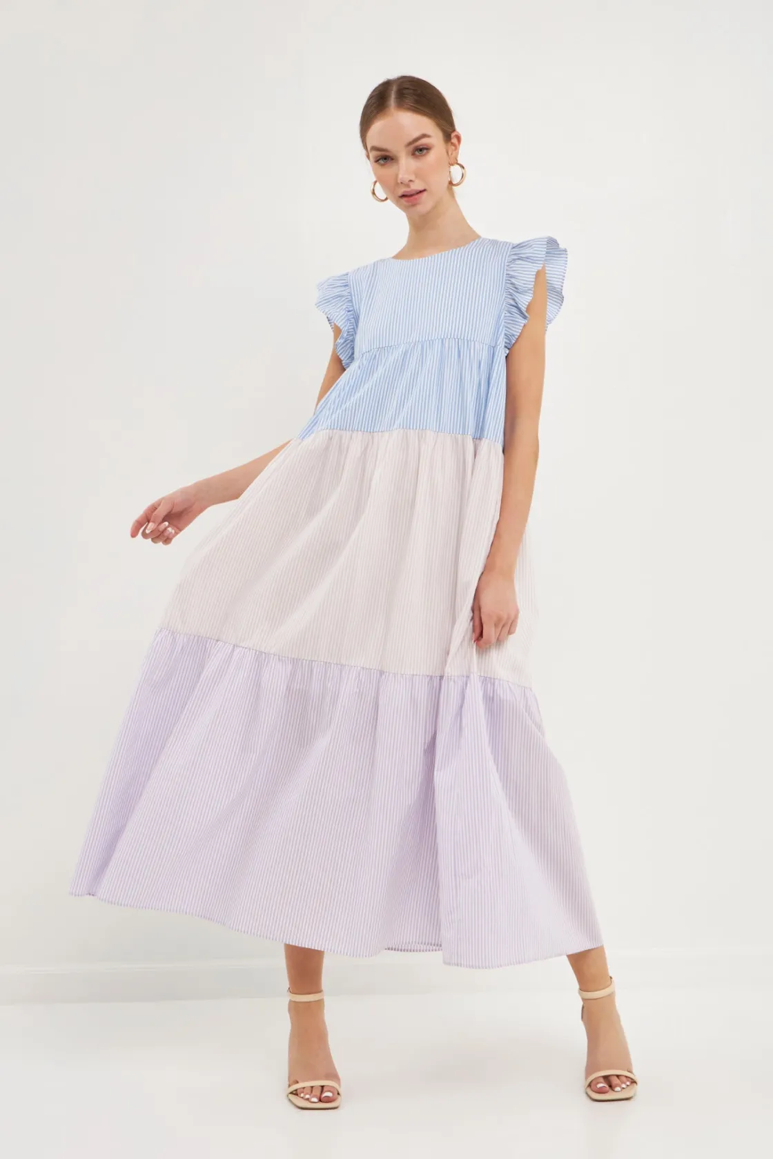 english_factory__pinstrip_1.webp ENGLISH FACTORY Tops*- Pinstriped Blocked Ruffled Maxi Dress MULTI