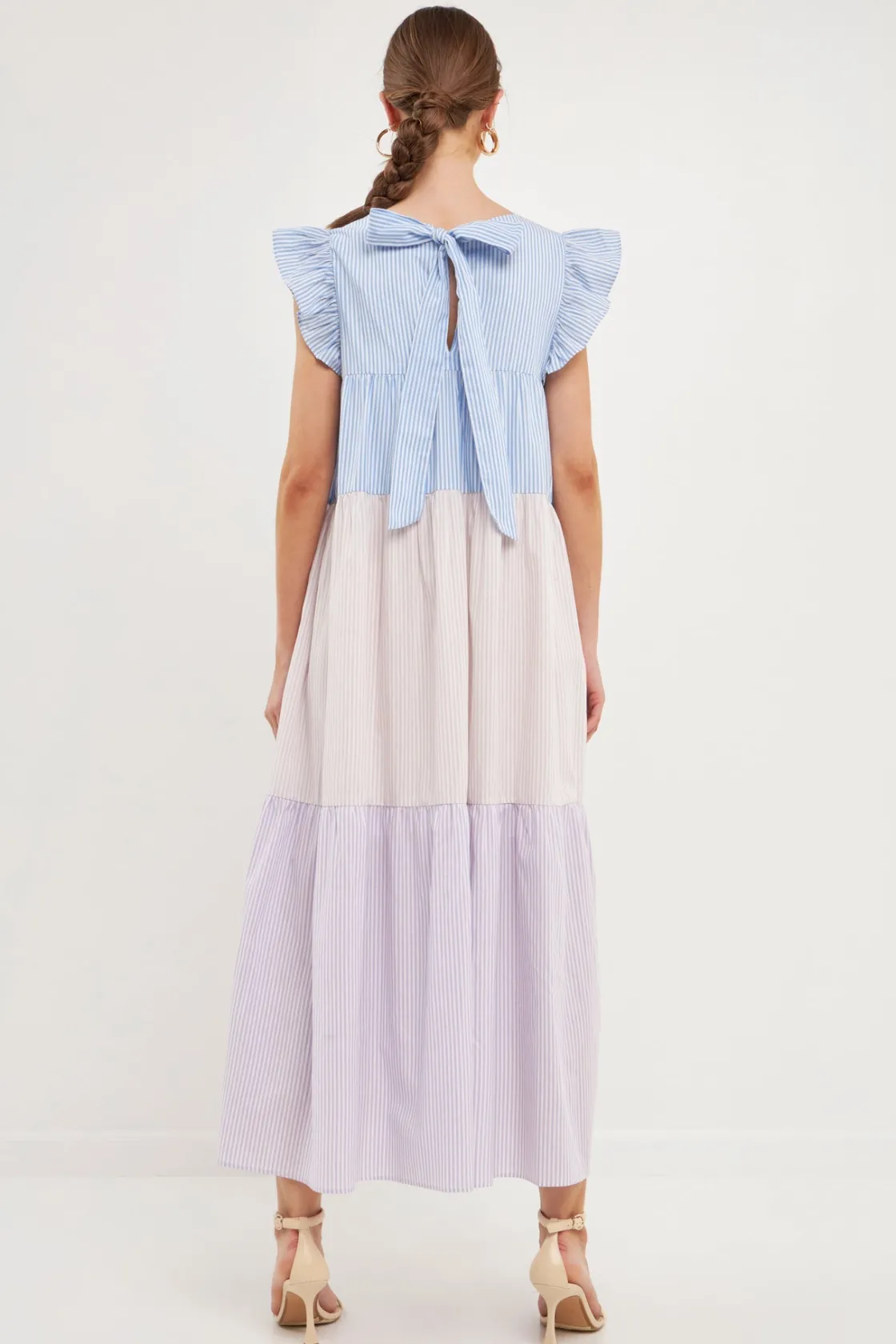 english_factory__pinstrip_2.webp ENGLISH FACTORY Tops*- Pinstriped Blocked Ruffled Maxi Dress MULTI