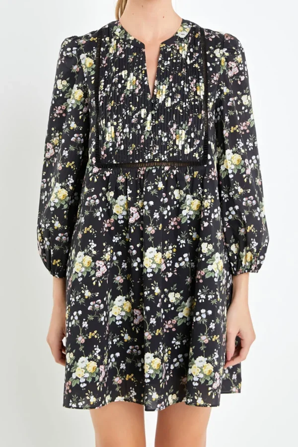 ENGLISH FACTORY Print Takeaway | Floral Dresses*- Pintuck Floral Mini Dress BLACKMULTI