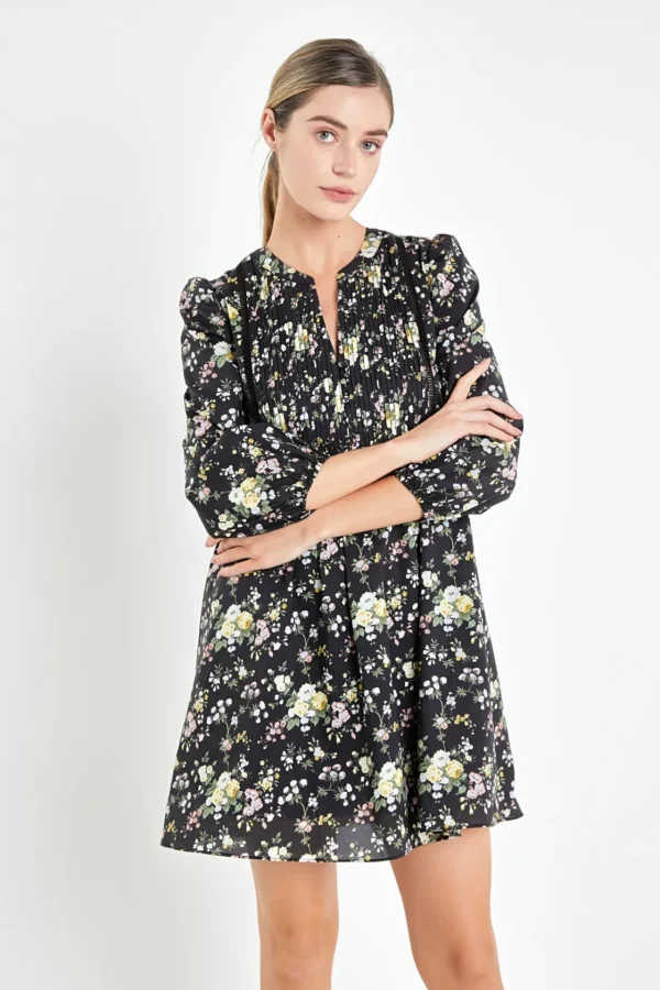 ENGLISH FACTORY Print Takeaway | Floral Dresses*- Pintuck Floral Mini Dress BLACKMULTI