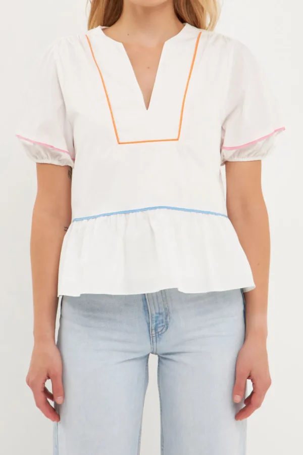 ENGLISH FACTORY Tops*- Piping Detail Top with Short Puff Sleeves