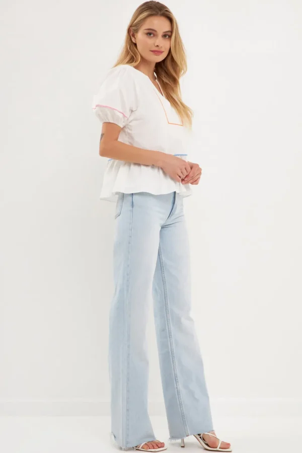 ENGLISH FACTORY Tops*- Piping Detail Top with Short Puff Sleeves