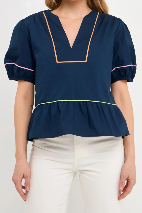 ENGLISH FACTORY Tops*- Piping Detail Top with Short Puff Sleeves