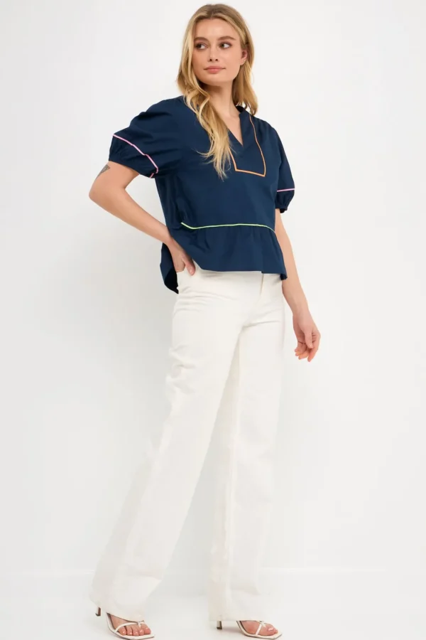 ENGLISH FACTORY Tops*- Piping Detail Top with Short Puff Sleeves