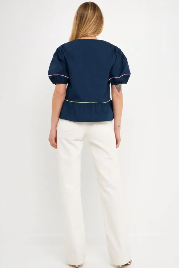 ENGLISH FACTORY Tops*- Piping Detail Top with Short Puff Sleeves