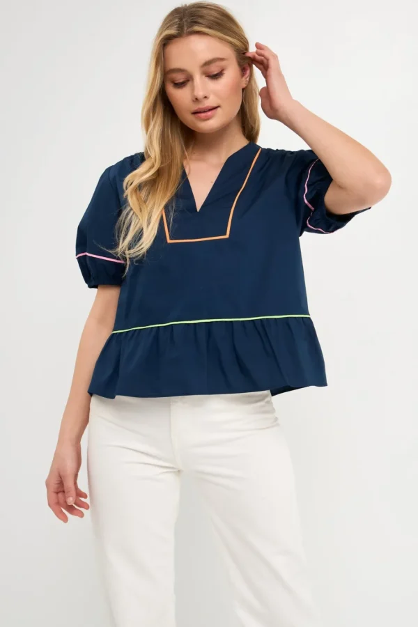 ENGLISH FACTORY Tops*- Piping Detail Top with Short Puff Sleeves