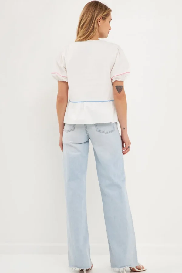ENGLISH FACTORY Tops*- Piping Detail Top with Short Puff Sleeves