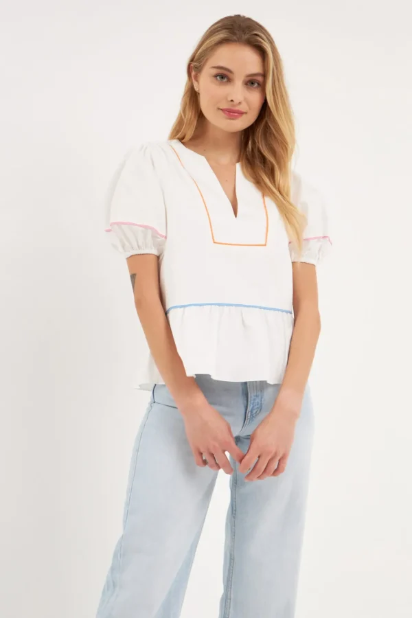 ENGLISH FACTORY Tops*- Piping Detail Top with Short Puff Sleeves