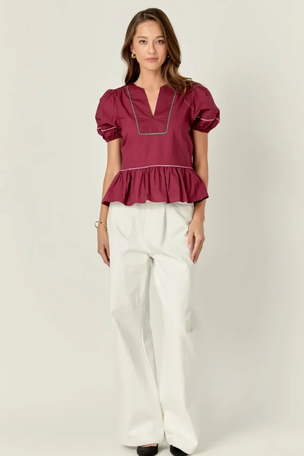 ENGLISH FACTORY Tops*- Piping Detail Top with Short Puff Sleeves