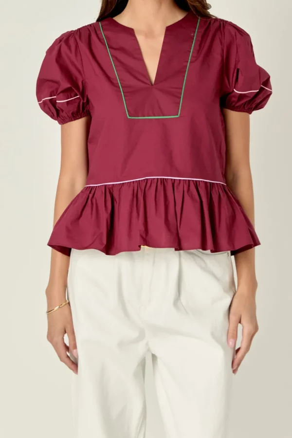 ENGLISH FACTORY Tops*- Piping Detail Top with Short Puff Sleeves