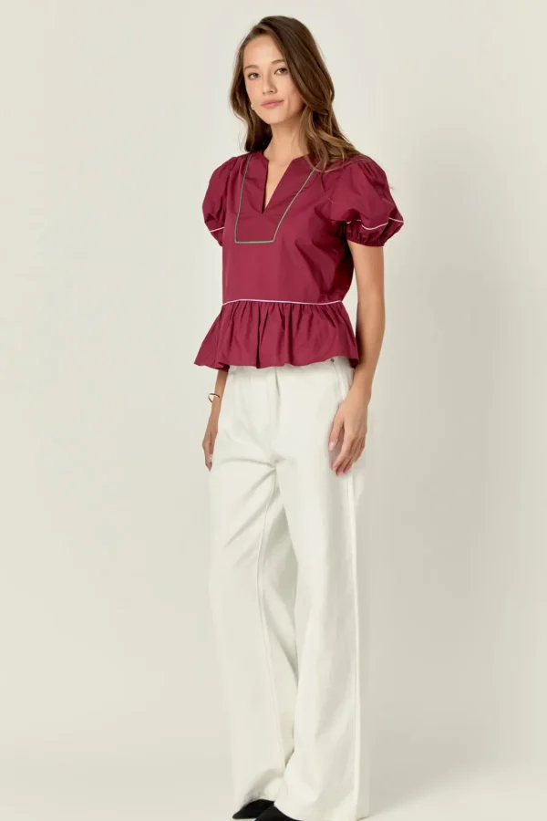 ENGLISH FACTORY Tops*- Piping Detail Top with Short Puff Sleeves