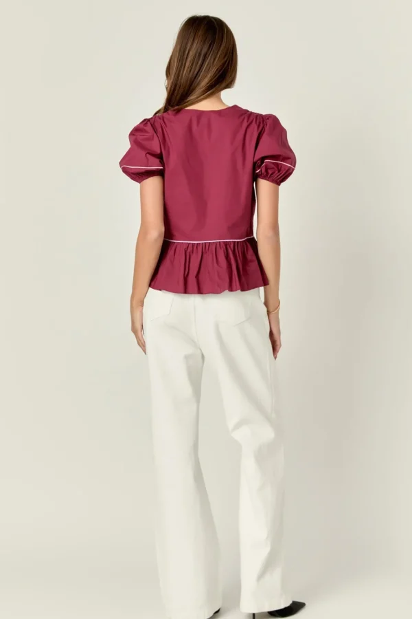 ENGLISH FACTORY Tops*- Piping Detail Top with Short Puff Sleeves