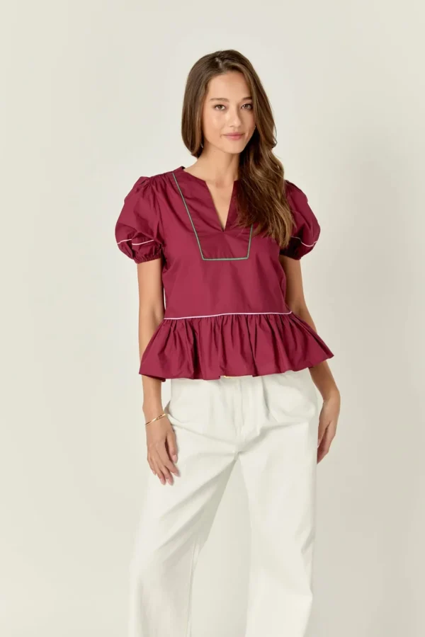 ENGLISH FACTORY Tops*- Piping Detail Top with Short Puff Sleeves