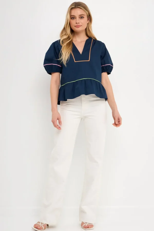 ENGLISH FACTORY Tops*- Piping Detail Top with Short Puff Sleeves