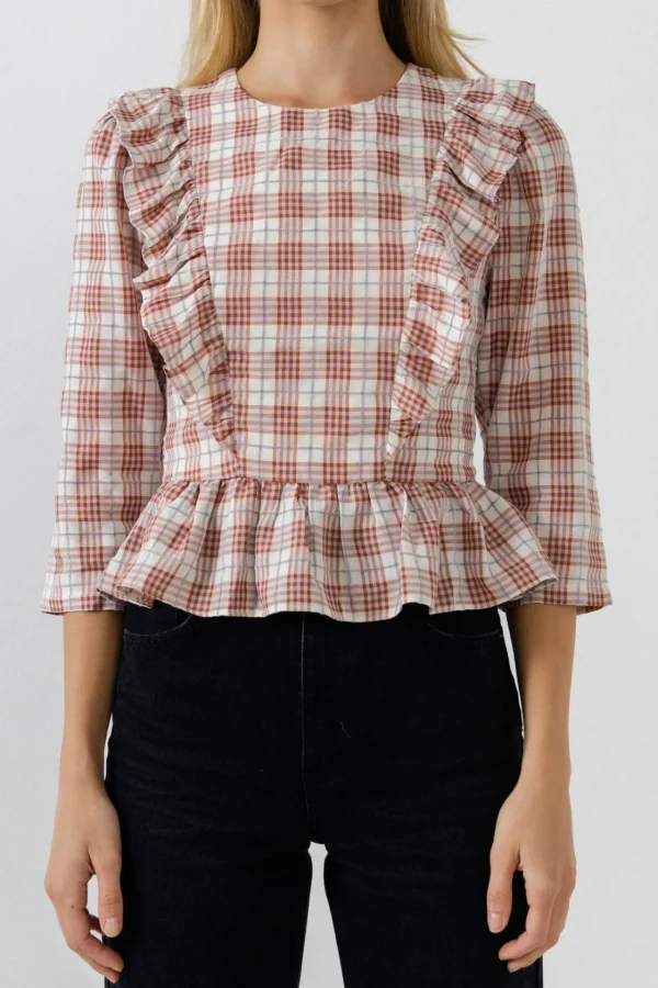 ENGLISH FACTORY Tops*- Plaid Blouse WHITE/RED