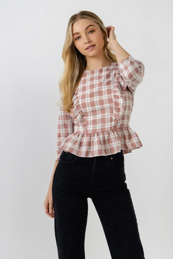 ENGLISH FACTORY Tops*- Plaid Blouse WHITE/RED