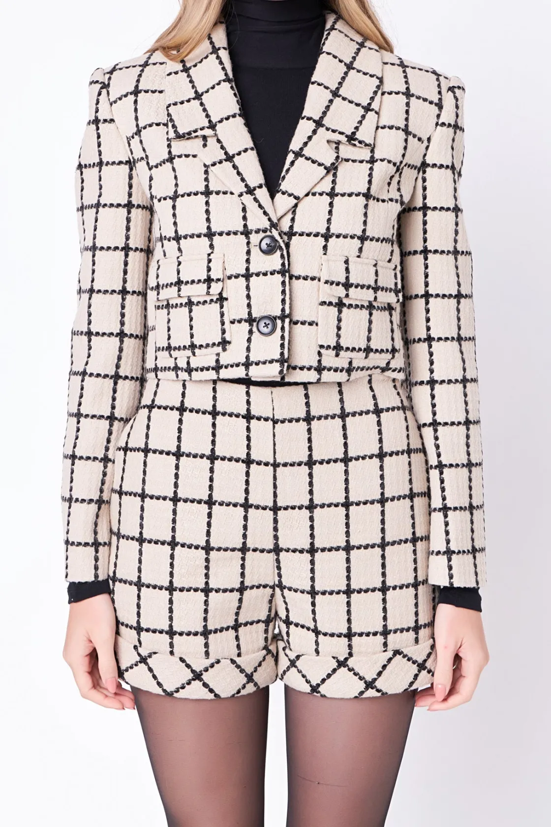 english_factory__plaid_cr_0.webp ENGLISH FACTORY Matching Sets | Jackets & Coats*- Plaid Cropped Blazer BEIGE/BLACK