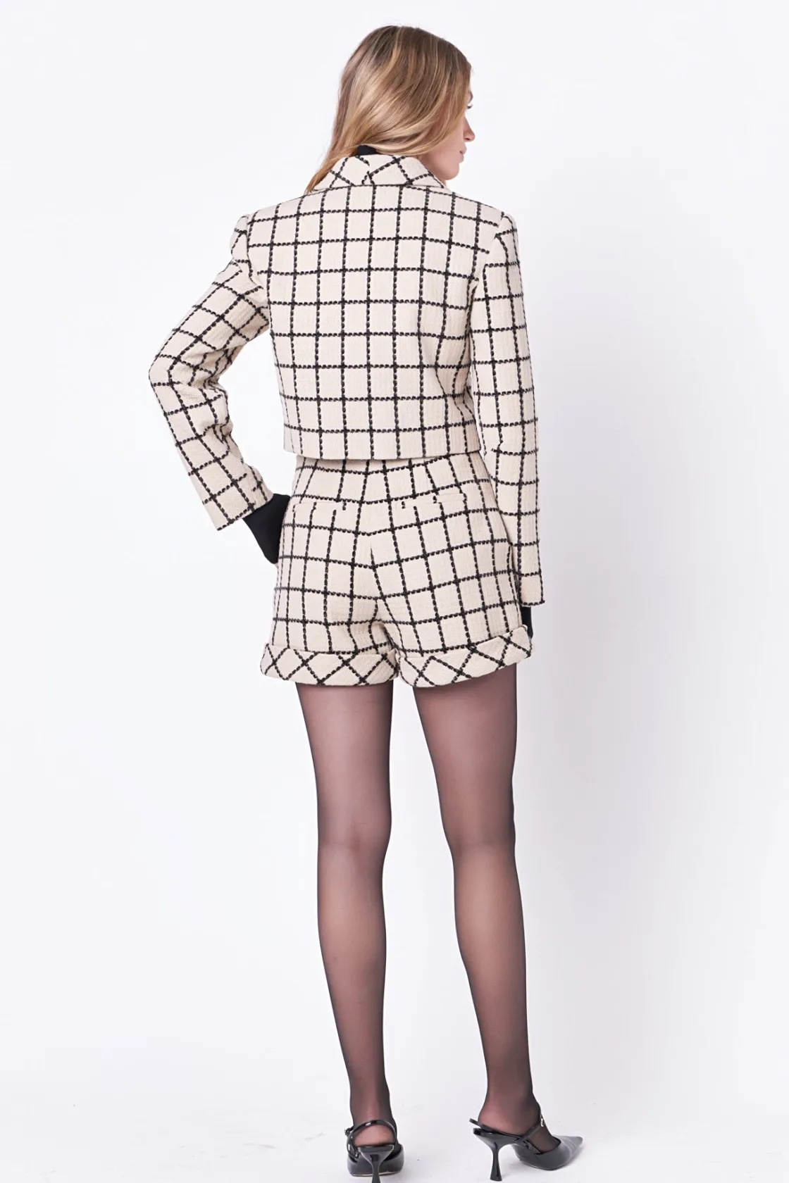 english_factory__plaid_cr_2.webp ENGLISH FACTORY Matching Sets | Jackets & Coats*- Plaid Cropped Blazer BEIGE/BLACK