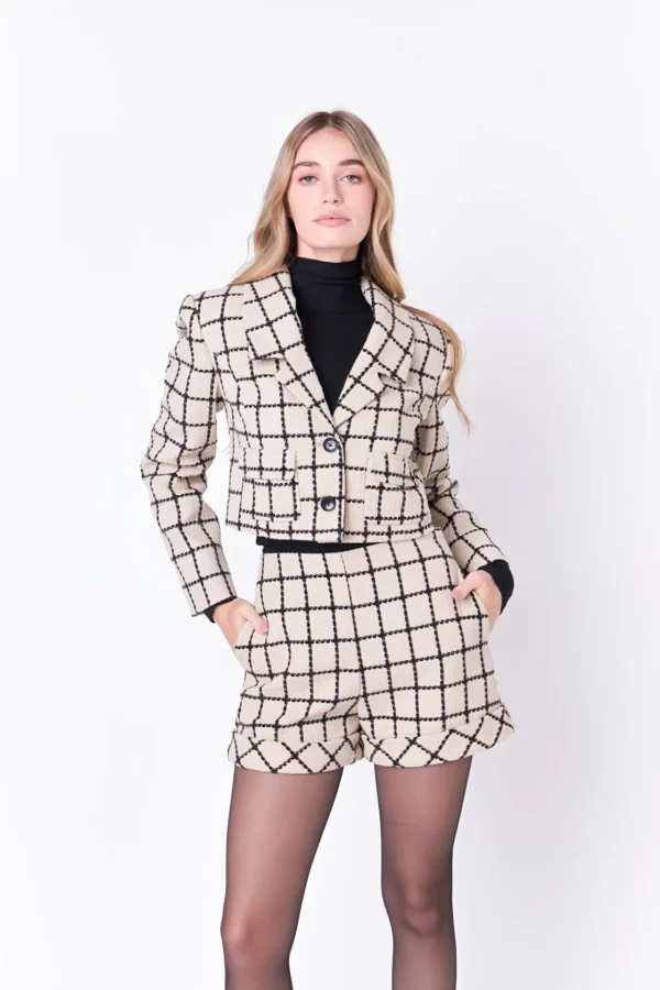 ENGLISH FACTORY Matching Sets | Jackets & Coats*- Plaid Cropped Blazer BEIGE/BLACK