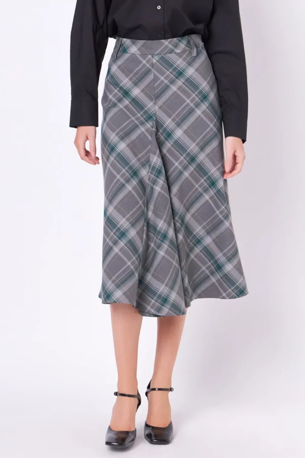 ENGLISH FACTORY Matching Sets | Skirts*- Plaid Midi A Line Skirt GREY/GREEN