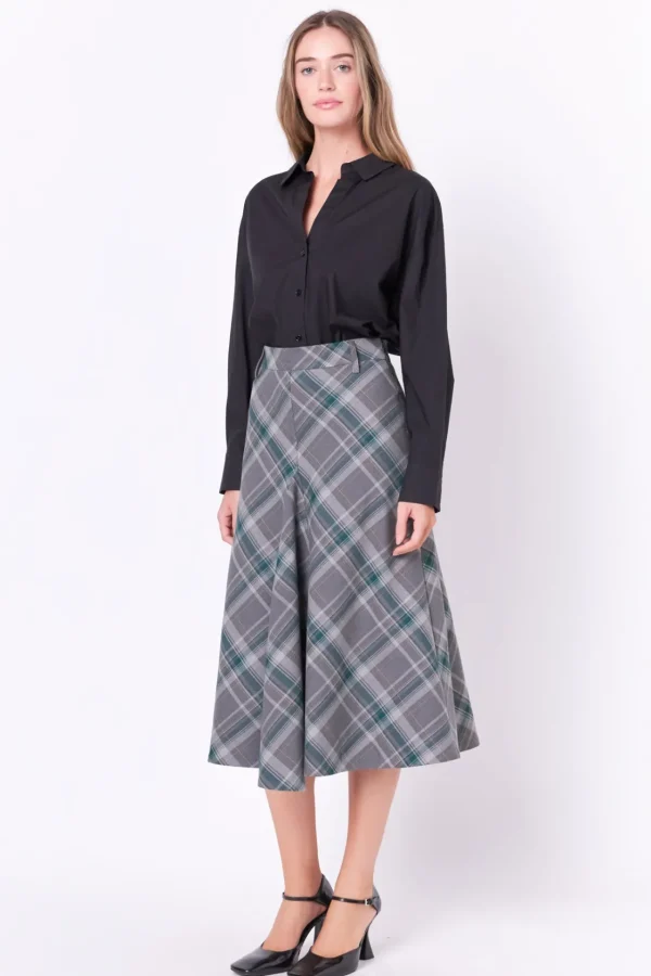 ENGLISH FACTORY Matching Sets | Skirts*- Plaid Midi A Line Skirt GREY/GREEN
