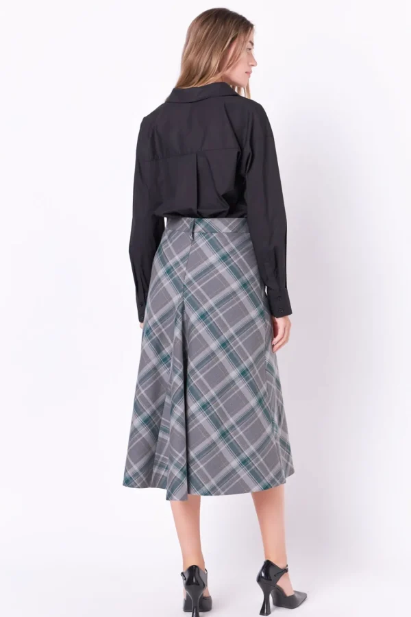 ENGLISH FACTORY Matching Sets | Skirts*- Plaid Midi A Line Skirt GREY/GREEN
