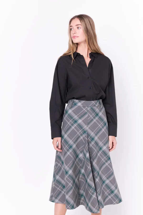 ENGLISH FACTORY Matching Sets | Skirts*- Plaid Midi A Line Skirt GREY/GREEN