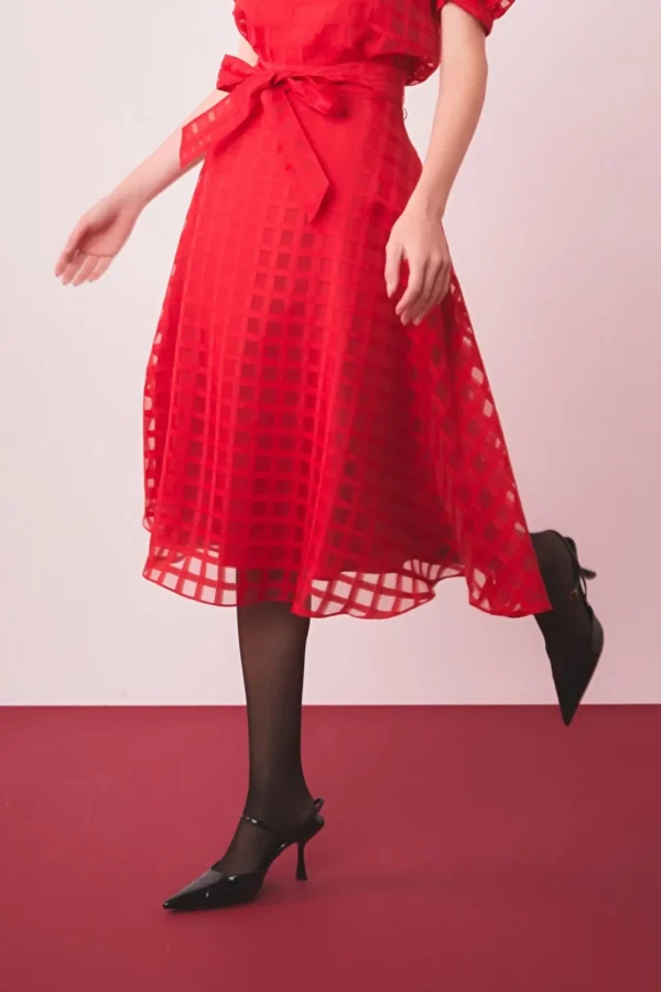 ENGLISH FACTORY Skirts | Tops*- Plaid Organza Fit & Flare Midi Skirt RED