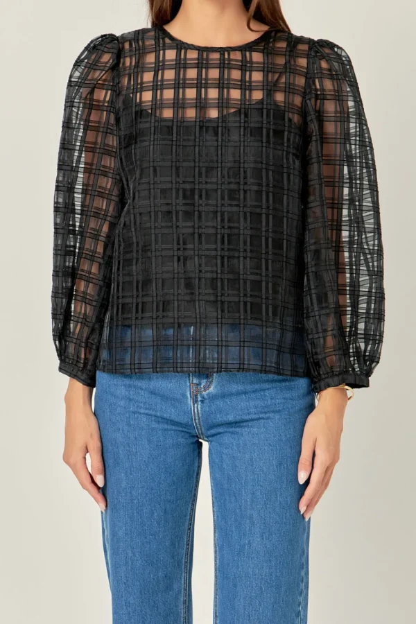 ENGLISH FACTORY Shirts & Blouses | Tops*- Plaid Organza Long Sleeve Top BLACK