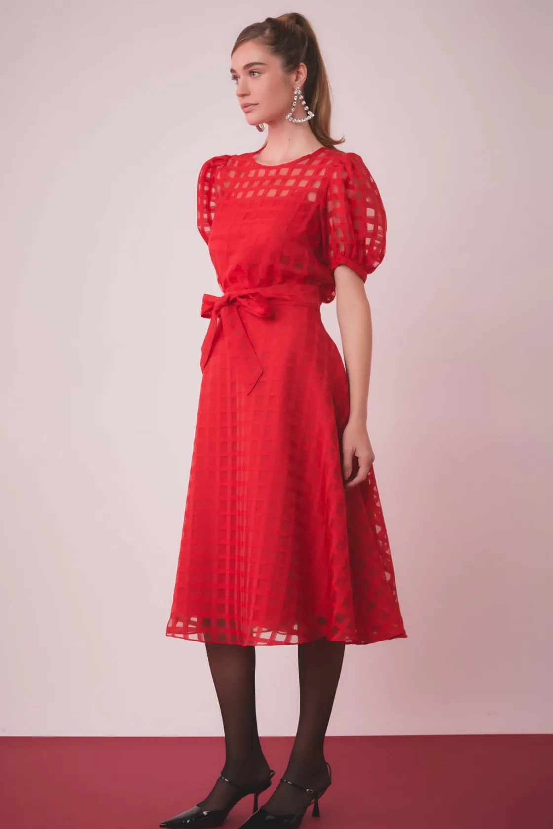 english_factory__plaid_or_1-1.webp ENGLISH FACTORY Skirts | Tops*- Plaid Organza Fit & Flare Midi Skirt RED