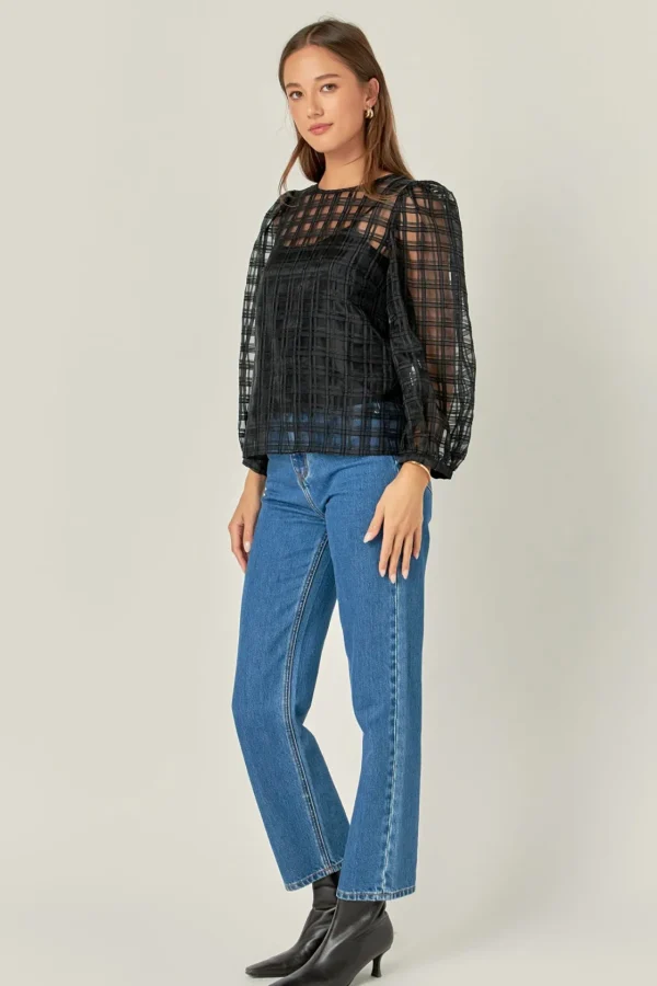 ENGLISH FACTORY Shirts & Blouses | Tops*- Plaid Organza Long Sleeve Top BLACK