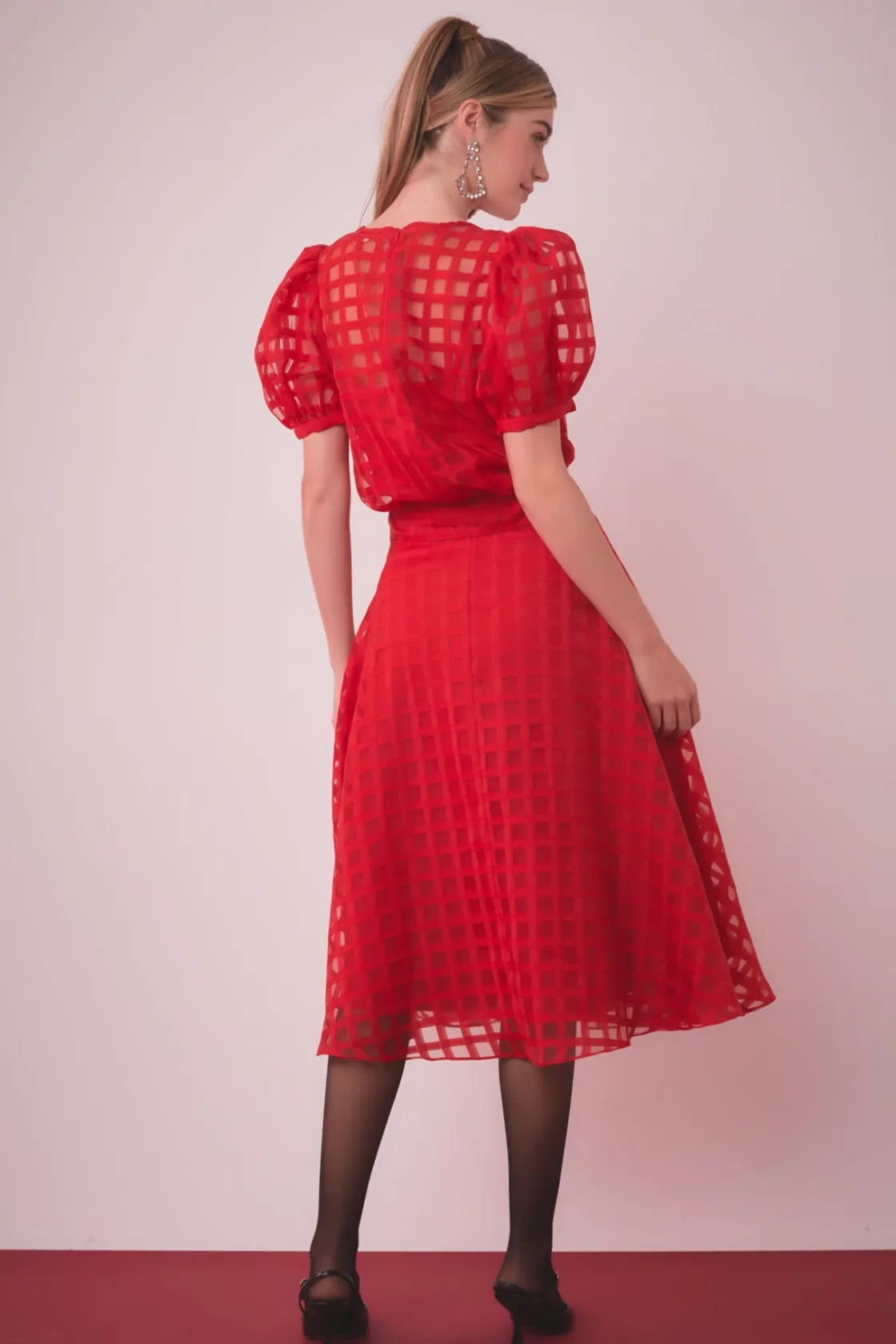 english_factory__plaid_or_2-1.webp ENGLISH FACTORY Skirts | Tops*- Plaid Organza Fit & Flare Midi Skirt RED