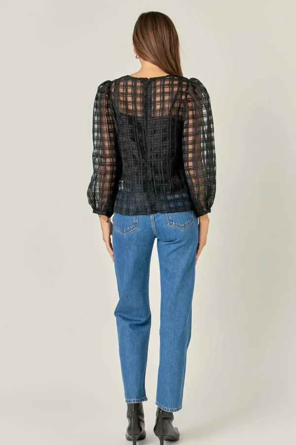 ENGLISH FACTORY Shirts & Blouses | Tops*- Plaid Organza Long Sleeve Top BLACK