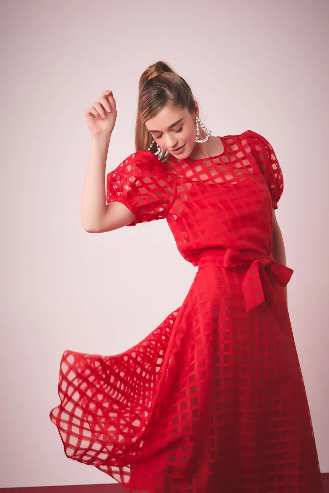 english_factory__plaid_or_3-1.webp ENGLISH FACTORY Skirts | Tops*- Plaid Organza Fit & Flare Midi Skirt RED