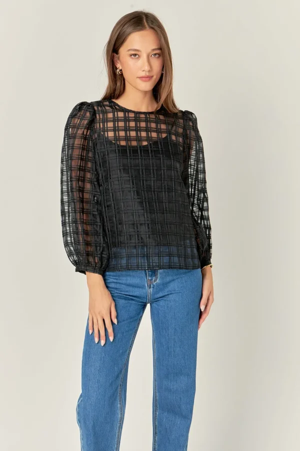 ENGLISH FACTORY Shirts & Blouses | Tops*- Plaid Organza Long Sleeve Top BLACK
