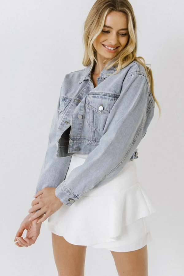 ENGLISH FACTORY Denim | Jackets & Coats*- Plaid Patch with Cropped Jacket DENIM