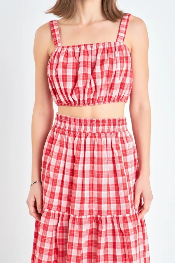ENGLISH FACTORY Tops*- Plaid Ruched Thick Strap Bandeau RED