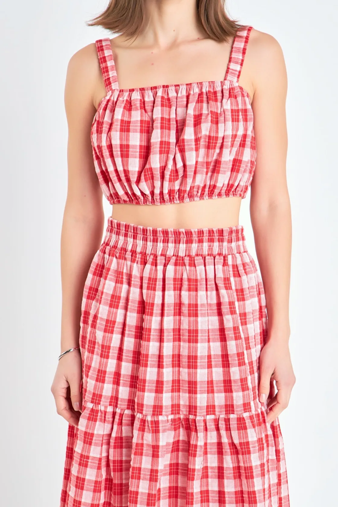 english_factory__plaid_ru_0.webp ENGLISH FACTORY Tops*- Plaid Ruched Thick Strap Bandeau RED