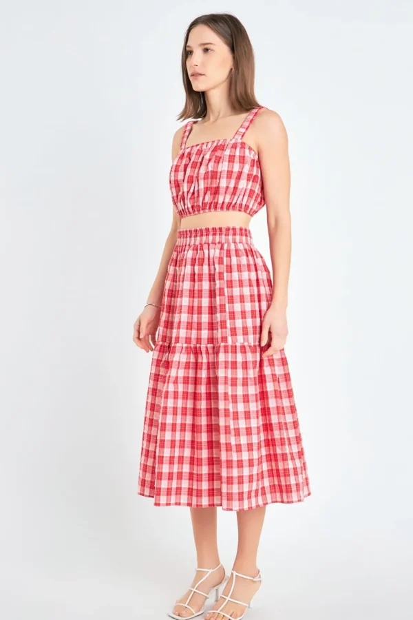 ENGLISH FACTORY Tops*- Plaid Ruched Thick Strap Bandeau RED