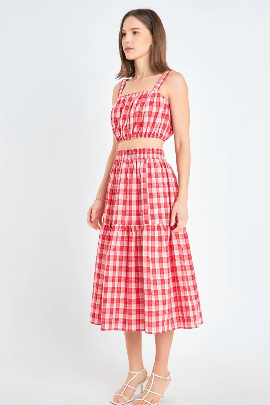 english_factory__plaid_ru_1.webp ENGLISH FACTORY Tops*- Plaid Ruched Thick Strap Bandeau RED