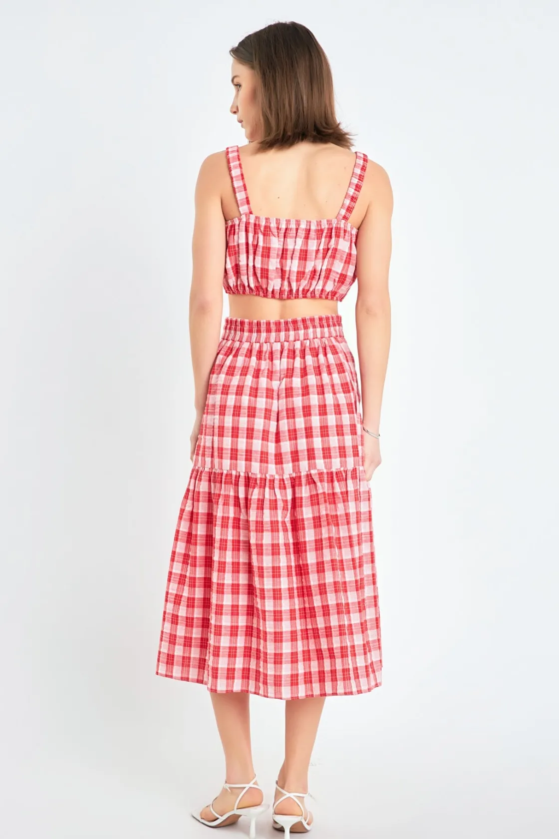 english_factory__plaid_ru_2.webp ENGLISH FACTORY Tops*- Plaid Ruched Thick Strap Bandeau RED