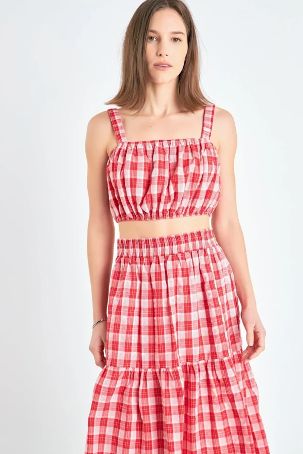 ENGLISH FACTORY Tops*- Plaid Ruched Thick Strap Bandeau RED